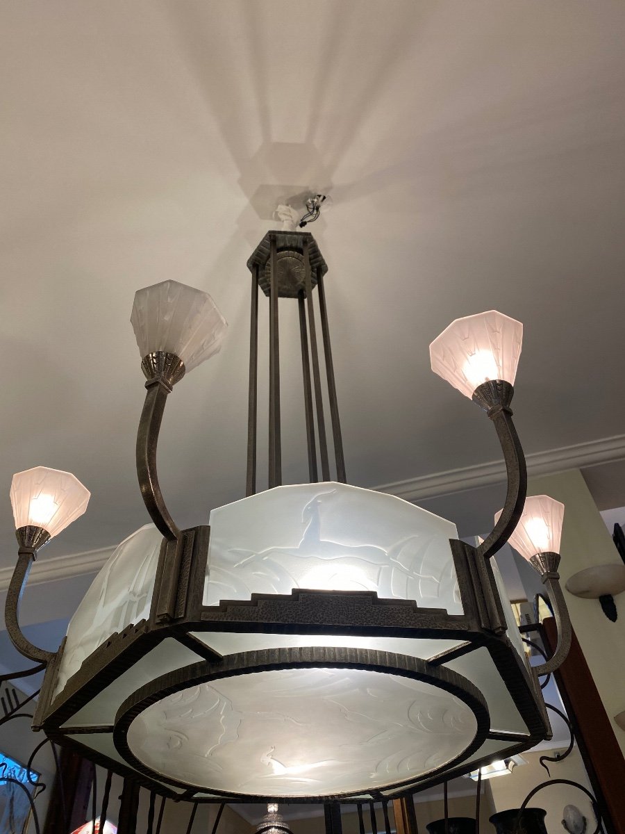 Ceiling Lamp With Antelopes - Wrought Iron - Art Deco 1930