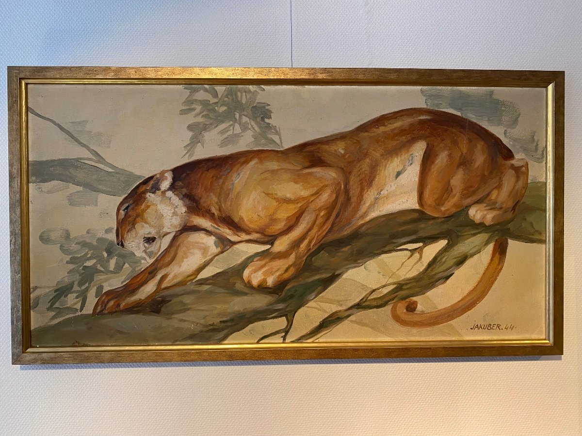 Lioness- Oil On Wood- Jakuber- Art Deco