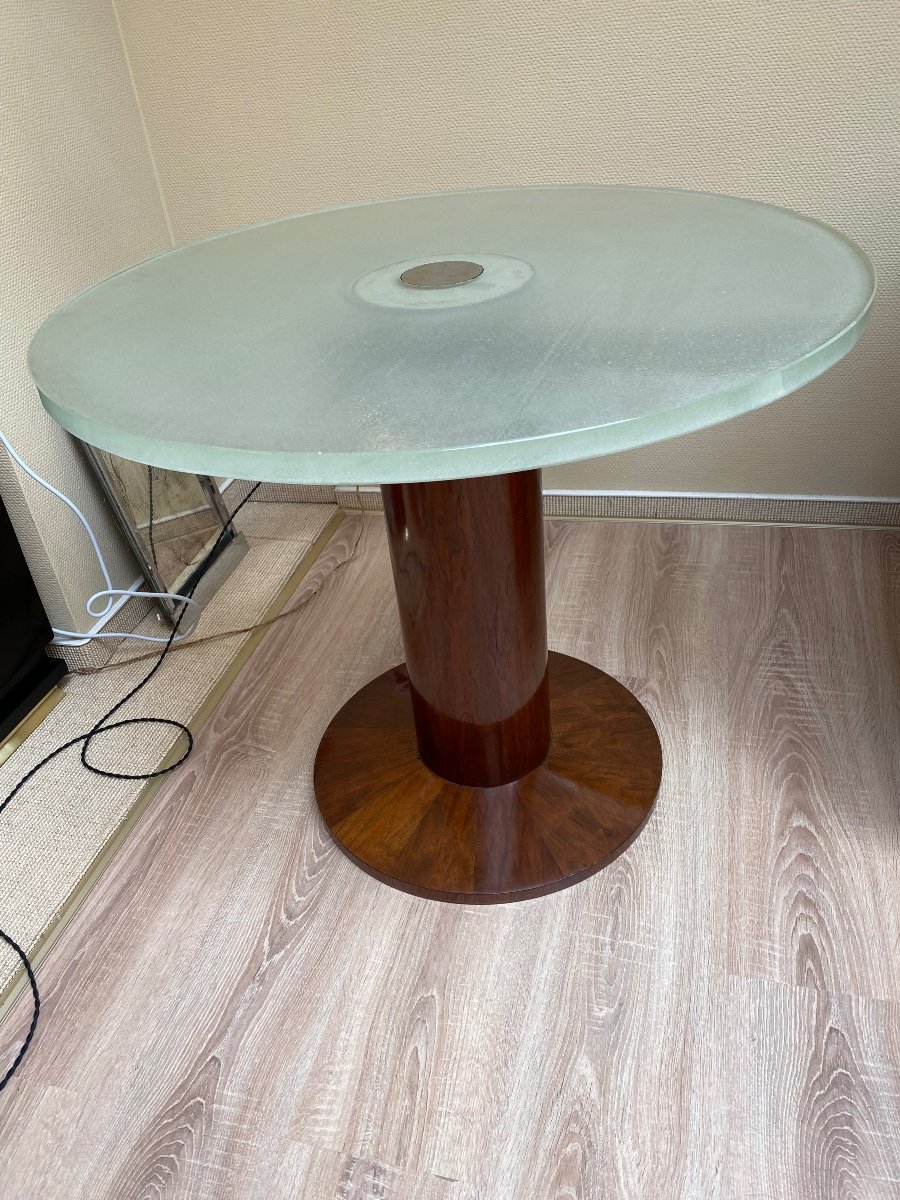 Round Pedestal Table In Rosewood And Saint-gobain Glass - Art Deco 1930