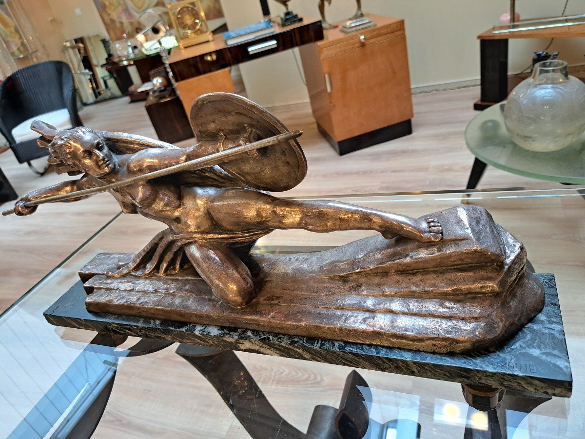 Warrior Woman By Marcel Bouraine, Silver Bronze Sculpture, Art Deco Circa 1930-photo-3