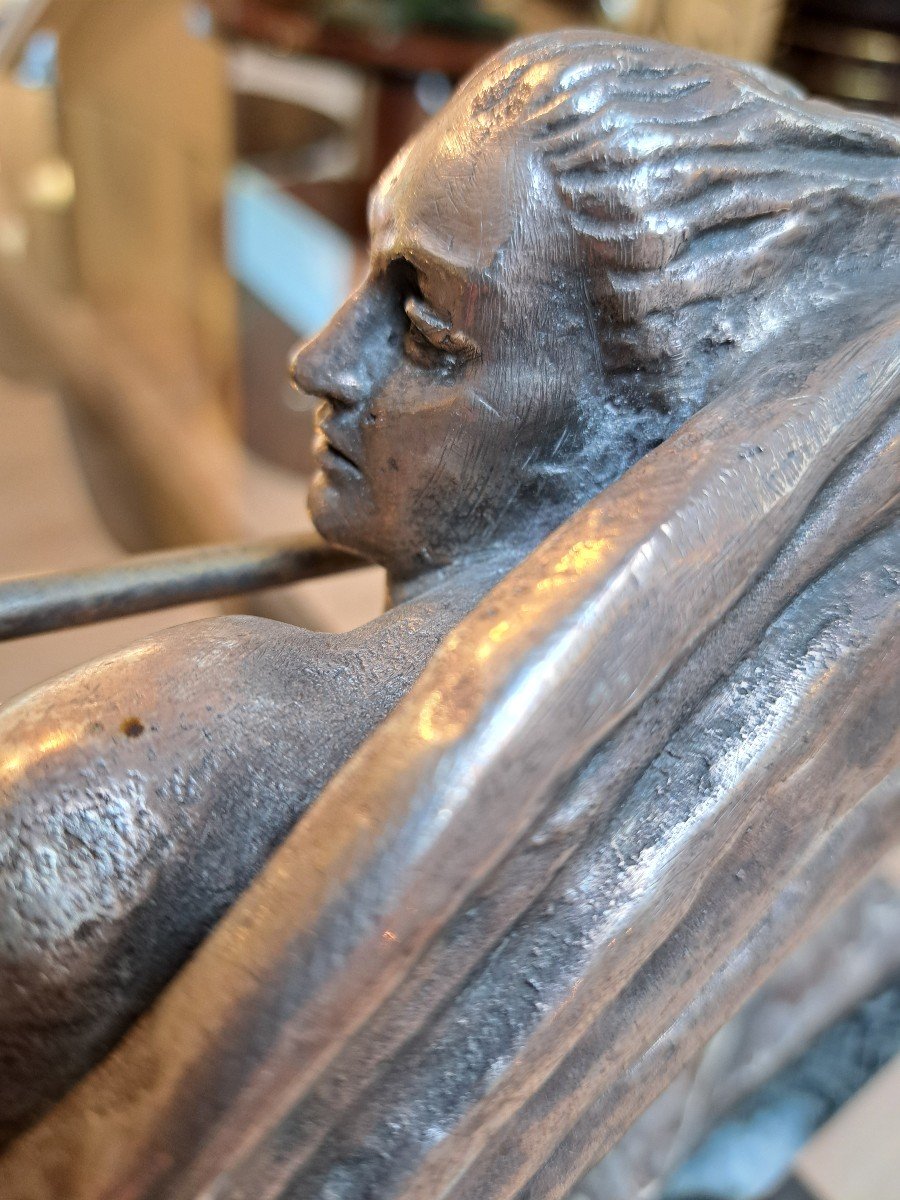 Warrior Woman By Marcel Bouraine, Silver Bronze Sculpture, Art Deco Circa 1930-photo-2