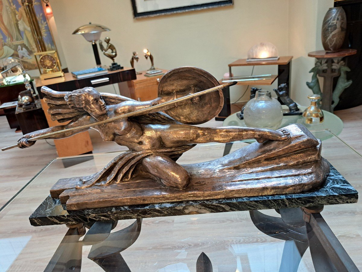Warrior Woman By Marcel Bouraine, Silver Bronze Sculpture, Art Deco Circa 1930