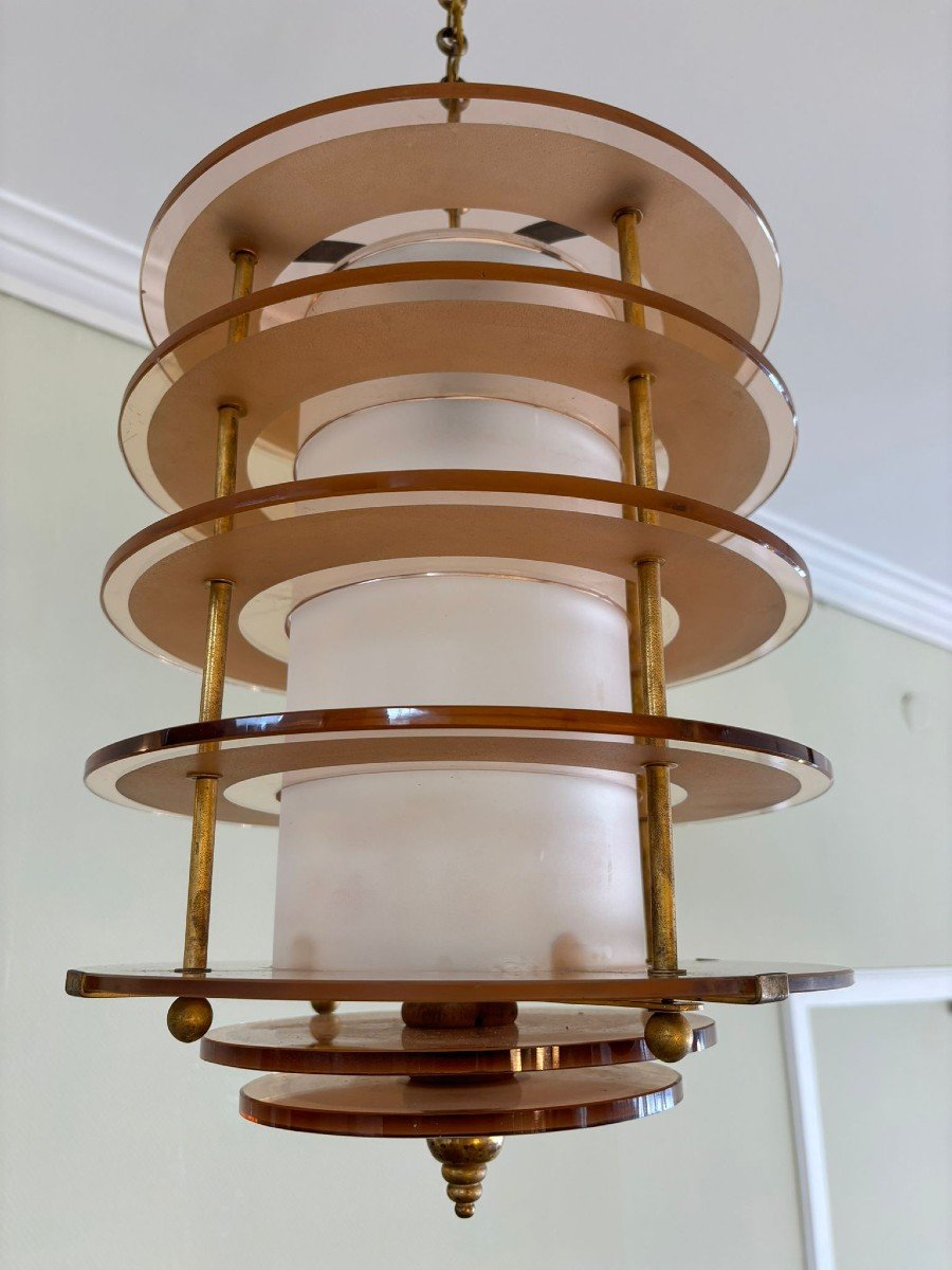 Cylindrical Rosaline Glass Chandelier, Art Deco-photo-2