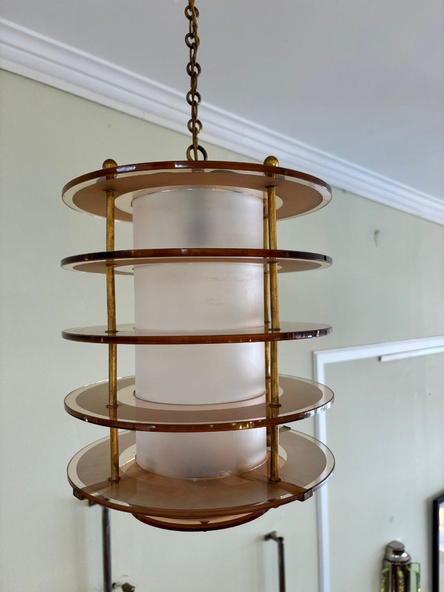 Cylindrical Rosaline Glass Chandelier, Art Deco-photo-3