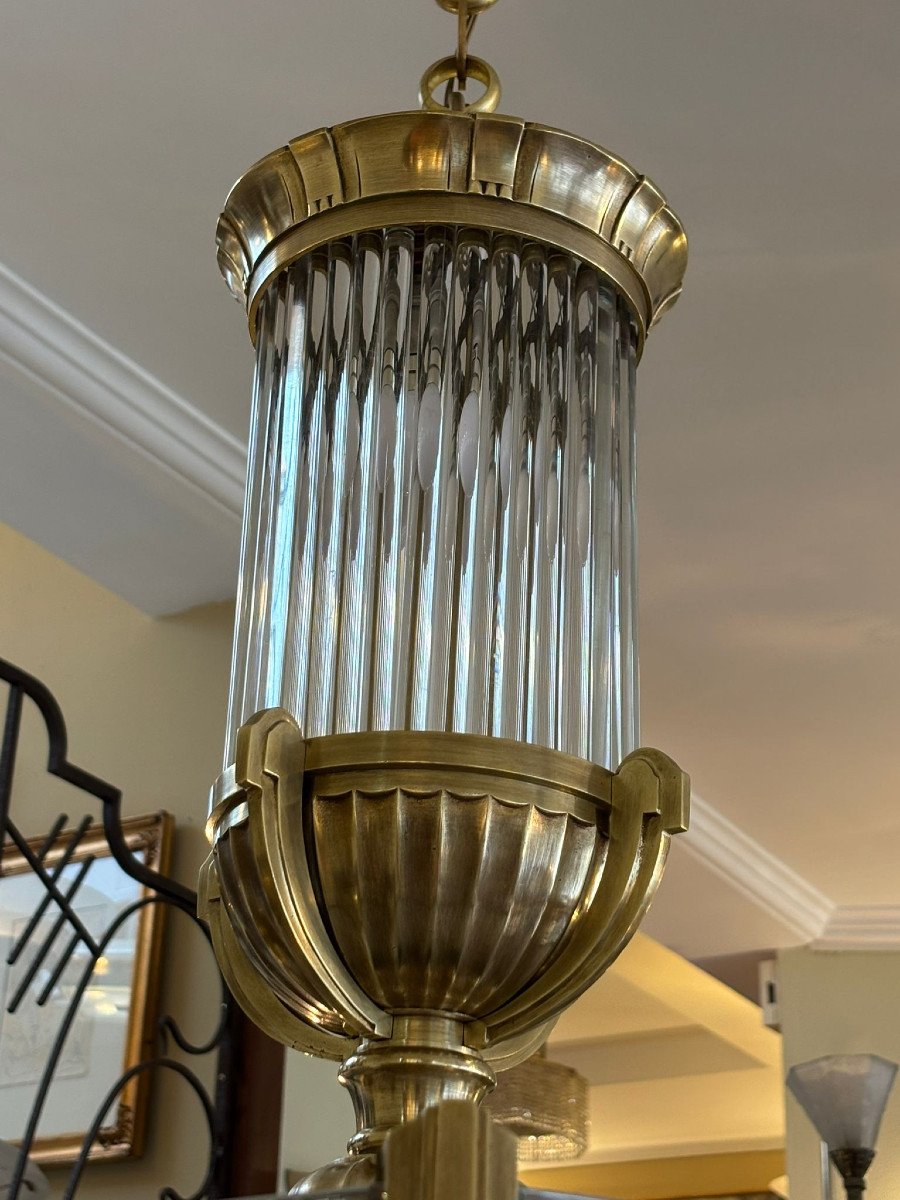 Petitot Octagonal Bronze Chandelier, Art Deco France-photo-2