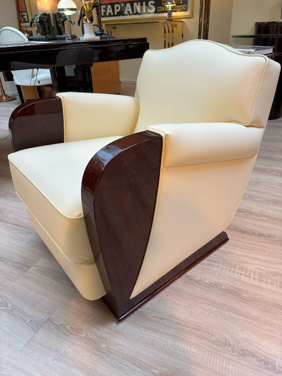 Pair Of Art Deco Armchairs Circa 1930 Leather And Amboyna Burl-photo-2