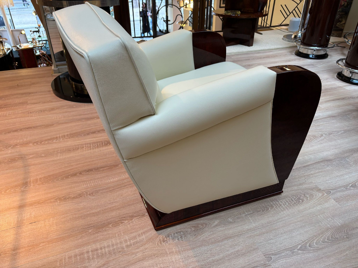 Pair Of Art Deco Armchairs Circa 1930 Leather And Amboyna Burl-photo-3