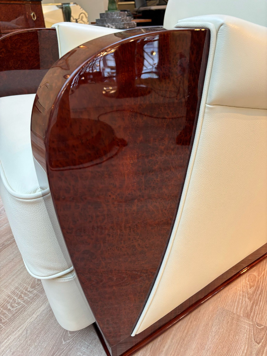 Pair Of Art Deco Armchairs Circa 1930 Leather And Amboyna Burl-photo-2