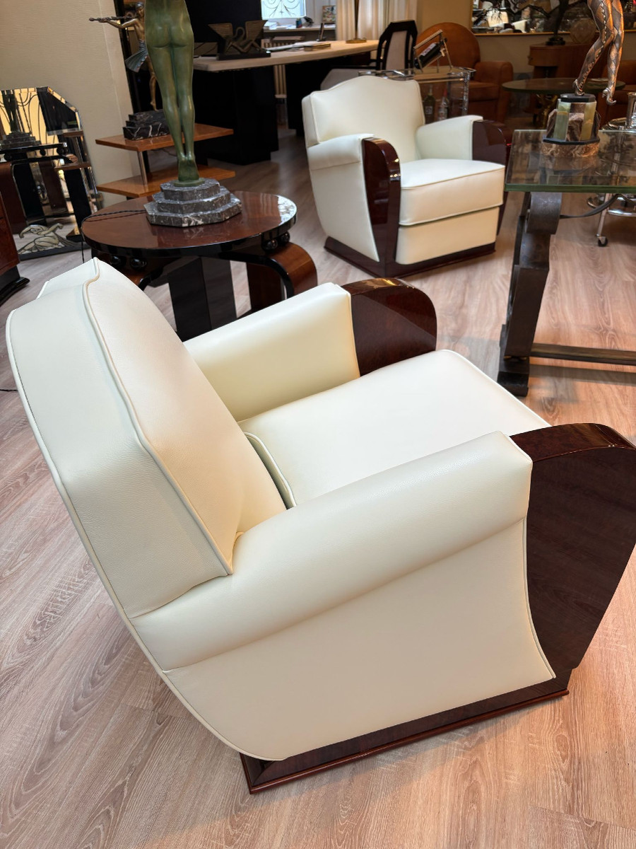 Pair Of Art Deco Armchairs Circa 1930 Leather And Amboyna Burl