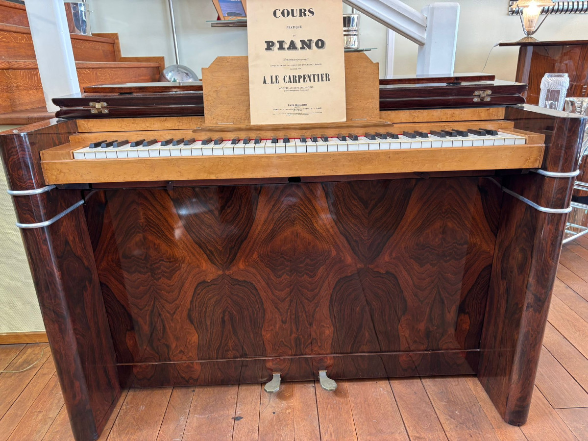 Piano Art Déco vers 1930 et son tabouret, placage de noyer-photo-2