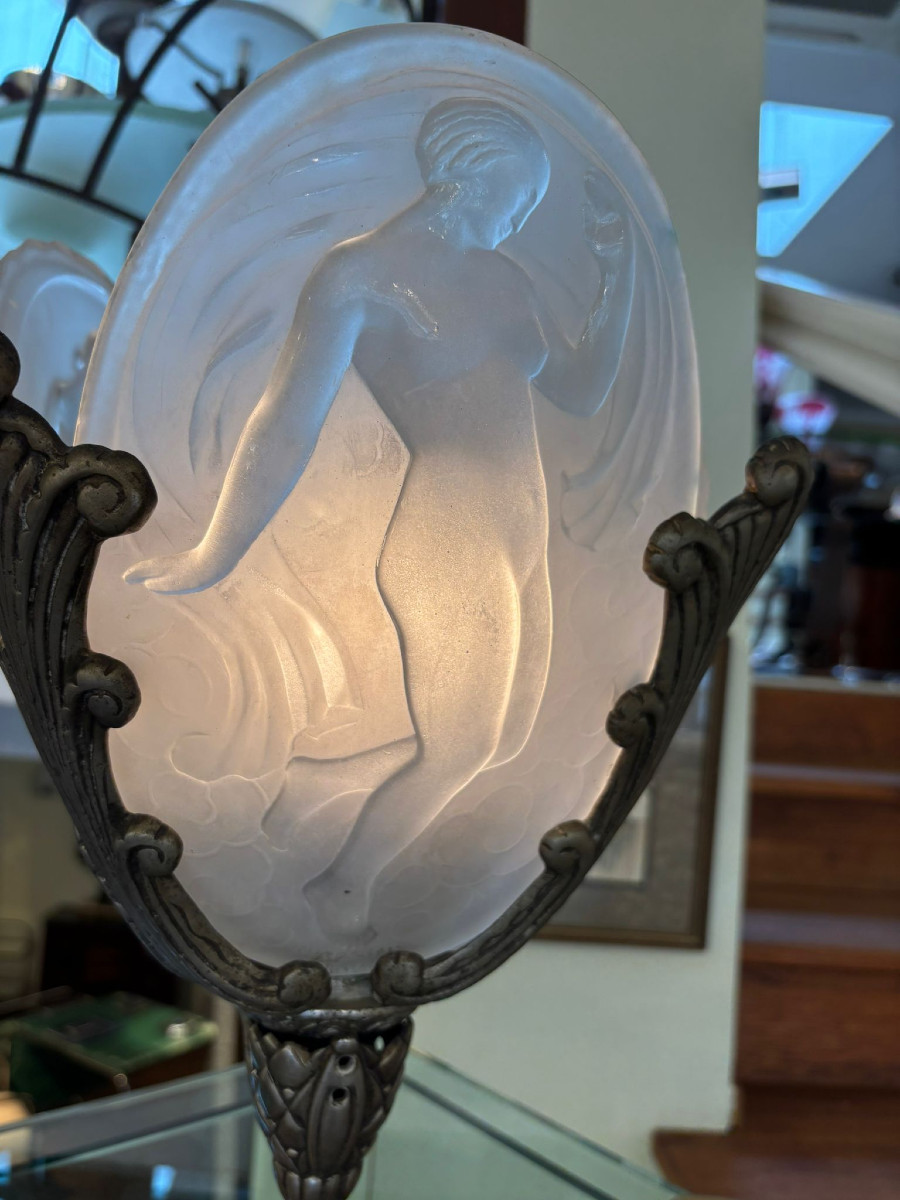 Muller Frères Lunéville Lamp, Silver-plated Bronze And Glass. Art Deco Circa 1925-photo-3