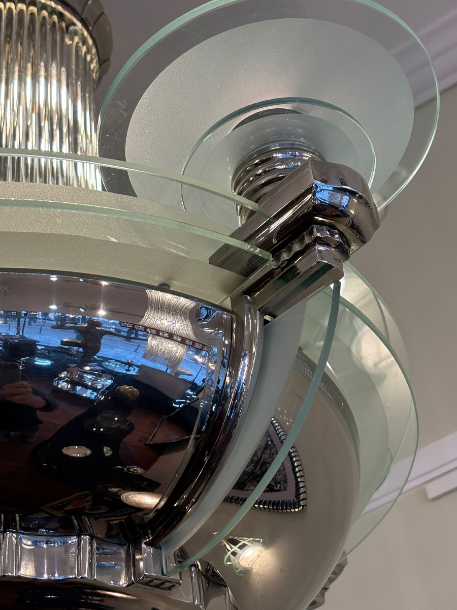 Petitot Circular Chandelier, Art Deco Circa 1930, Metal And Glass-photo-3