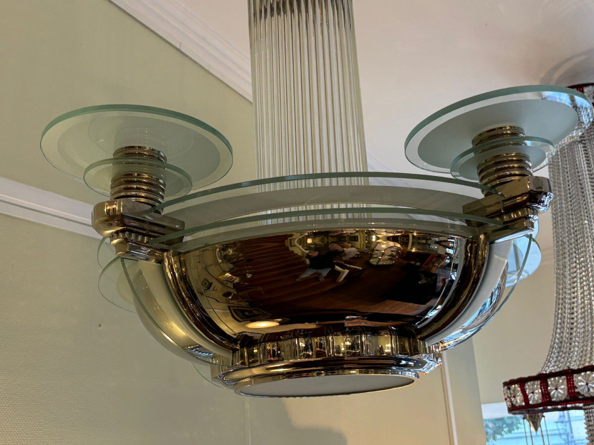 Petitot Circular Chandelier, Art Deco Circa 1930, Metal And Glass-photo-4
