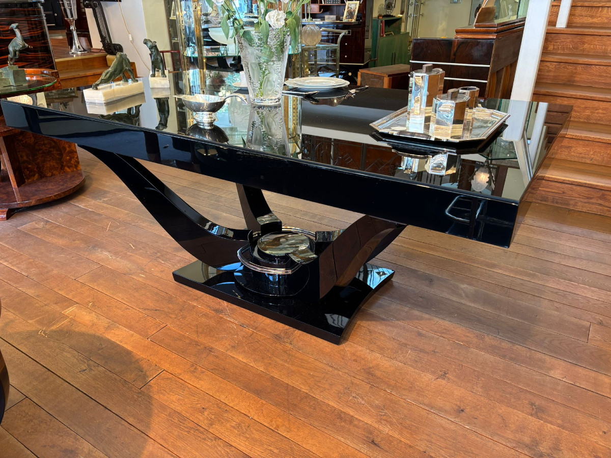 Black Lacquer Art Deco Dining Table Circa 1930-photo-2