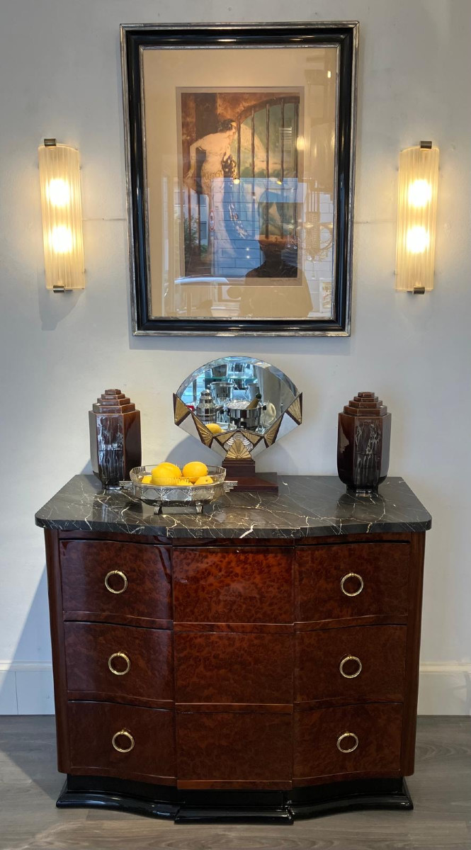 Pair Of Art Deco Chests Of Drawers In Amboyna Burl Veneer-photo-3