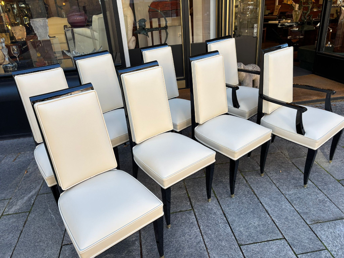 Lot de 8 chaises Art Déco vers 1930 laque piano et cuir de vachette-photo-2