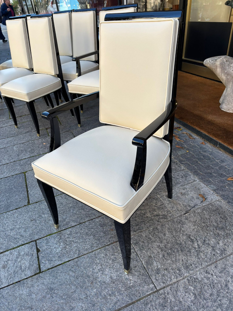 Lot de 8 chaises Art Déco vers 1930 laque piano et cuir de vachette-photo-3