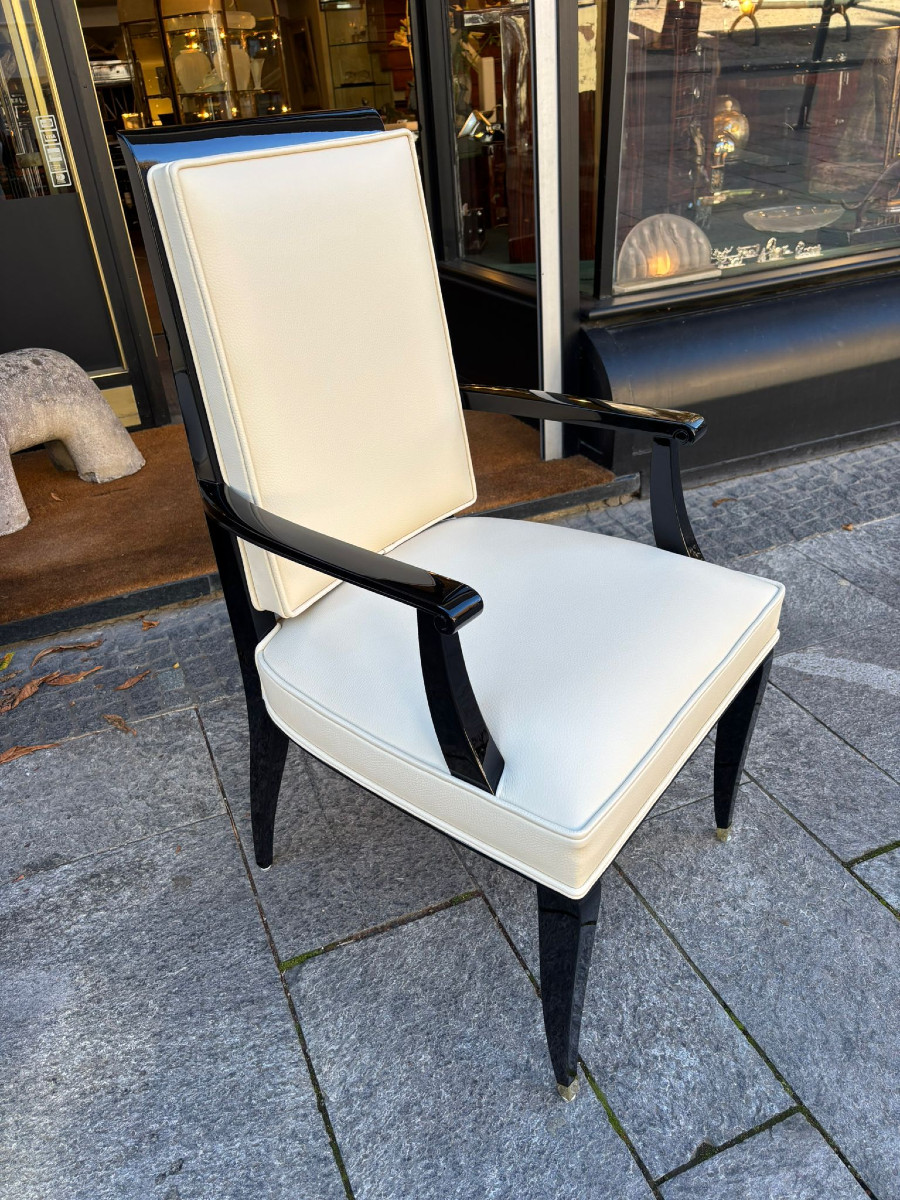 Lot de 8 chaises Art Déco vers 1930 laque piano et cuir de vachette-photo-4