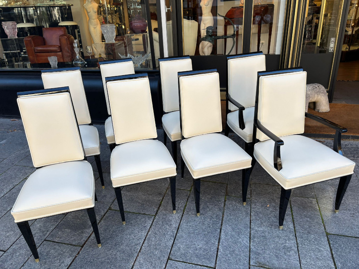 Lot de 8 chaises Art Déco vers 1930 laque piano et cuir de vachette