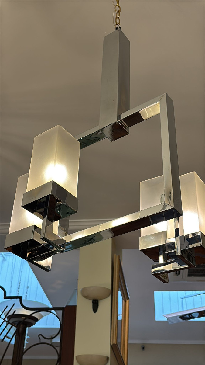 Art Deco Chrome And Glass Chandelier By Boris Lacroix-photo-2