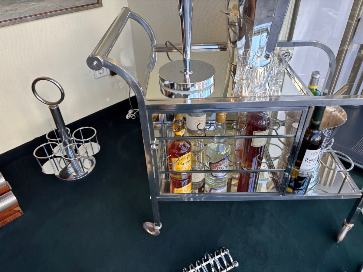 Bar roulant Art Déco métal chromé et verre-photo-2