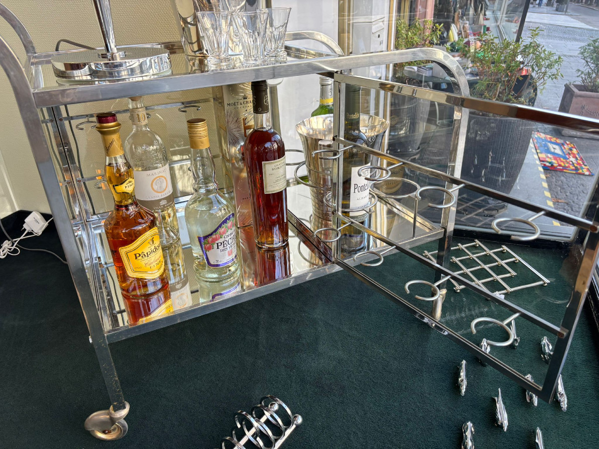 Bar roulant Art Déco métal chromé et verre-photo-3
