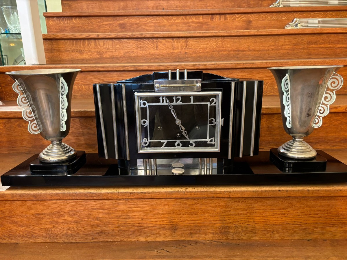 Art Deco Fireplace Set Circa 1930 With Two Bowl Lamps