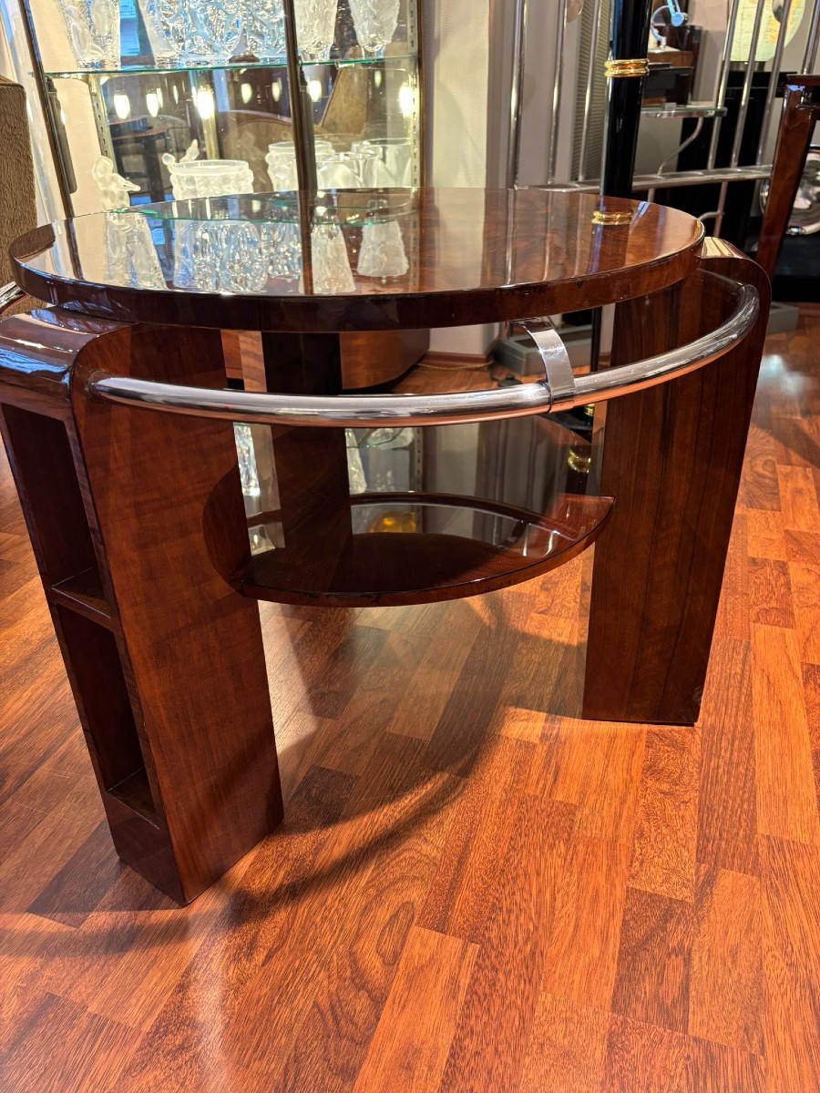 Table basse ronde  Art Déco vers 1930 placage de ronce de noyer-photo-4