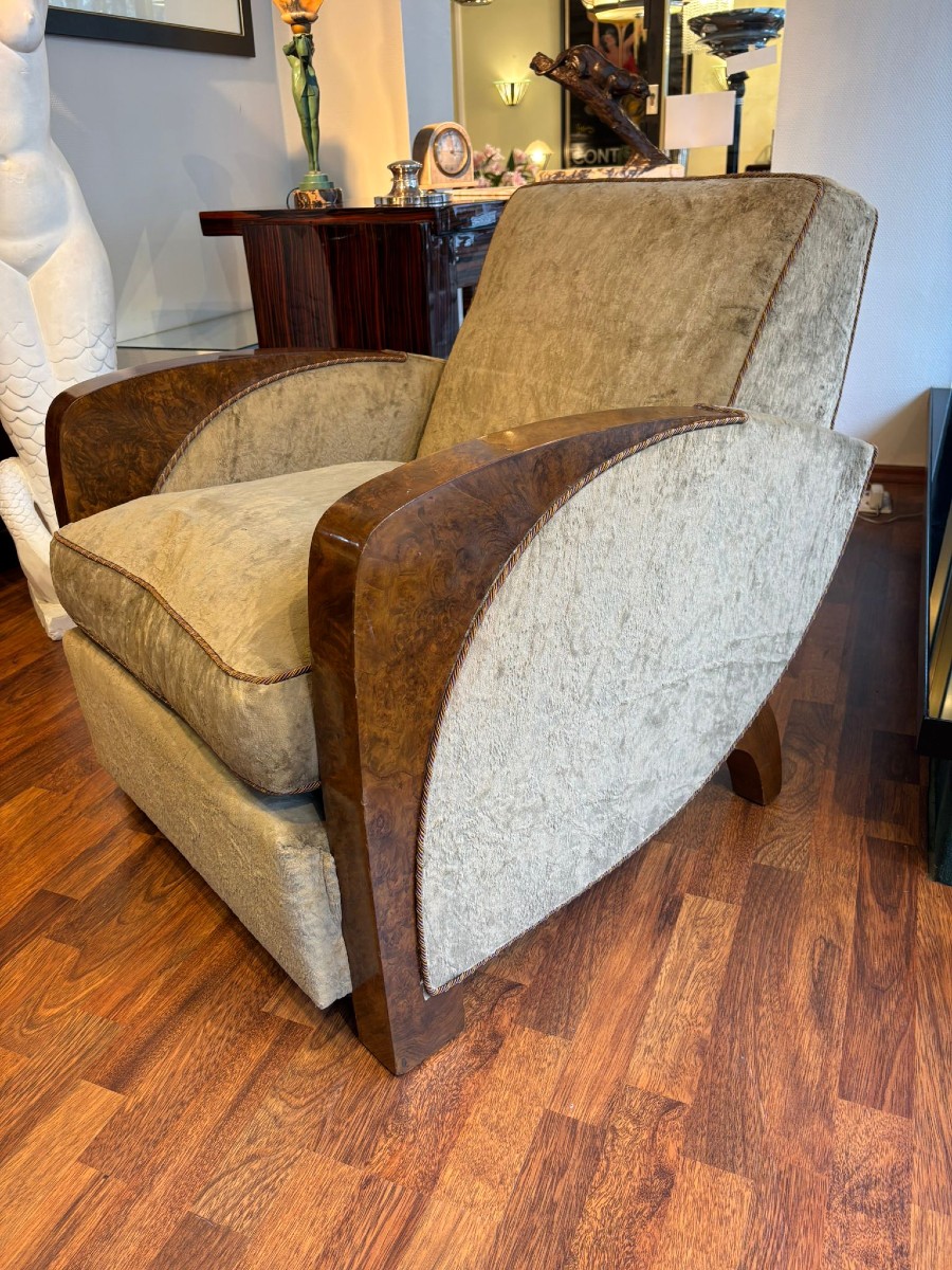 Paire de fauteuils Art Déco vers 1930 velours et ronce de noyer-photo-2