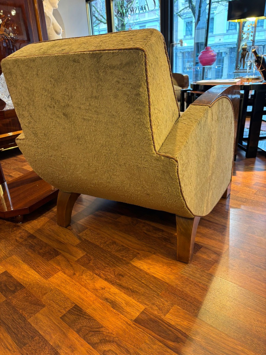 Paire de fauteuils Art Déco vers 1930 velours et ronce de noyer-photo-1