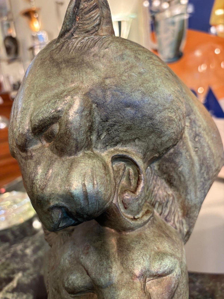 Sculpture Art Déco deux têtes de panthères signée M. Leducq-photo-2