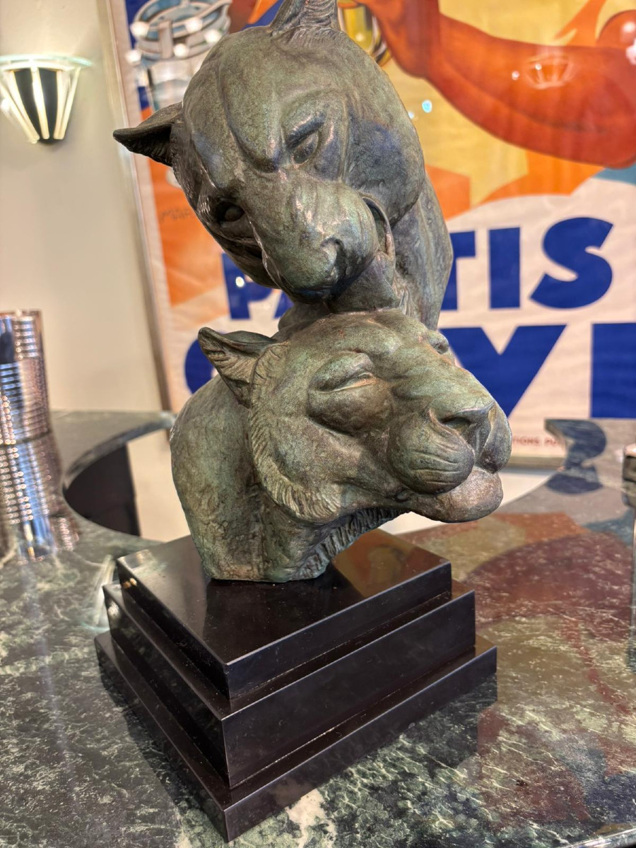 Sculpture Art Déco deux têtes de panthères signée M. Leducq-photo-3