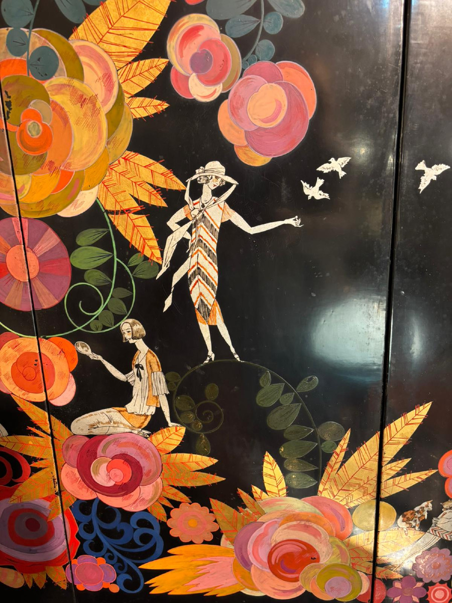 Richly Decorated Art Deco Lacquered Panels Circa 1930-photo-3