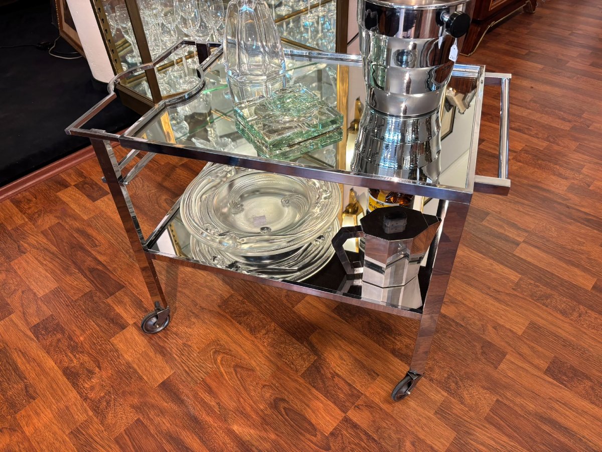 Bar roulant desserte, Art Déco vers 1930, chrome et verre