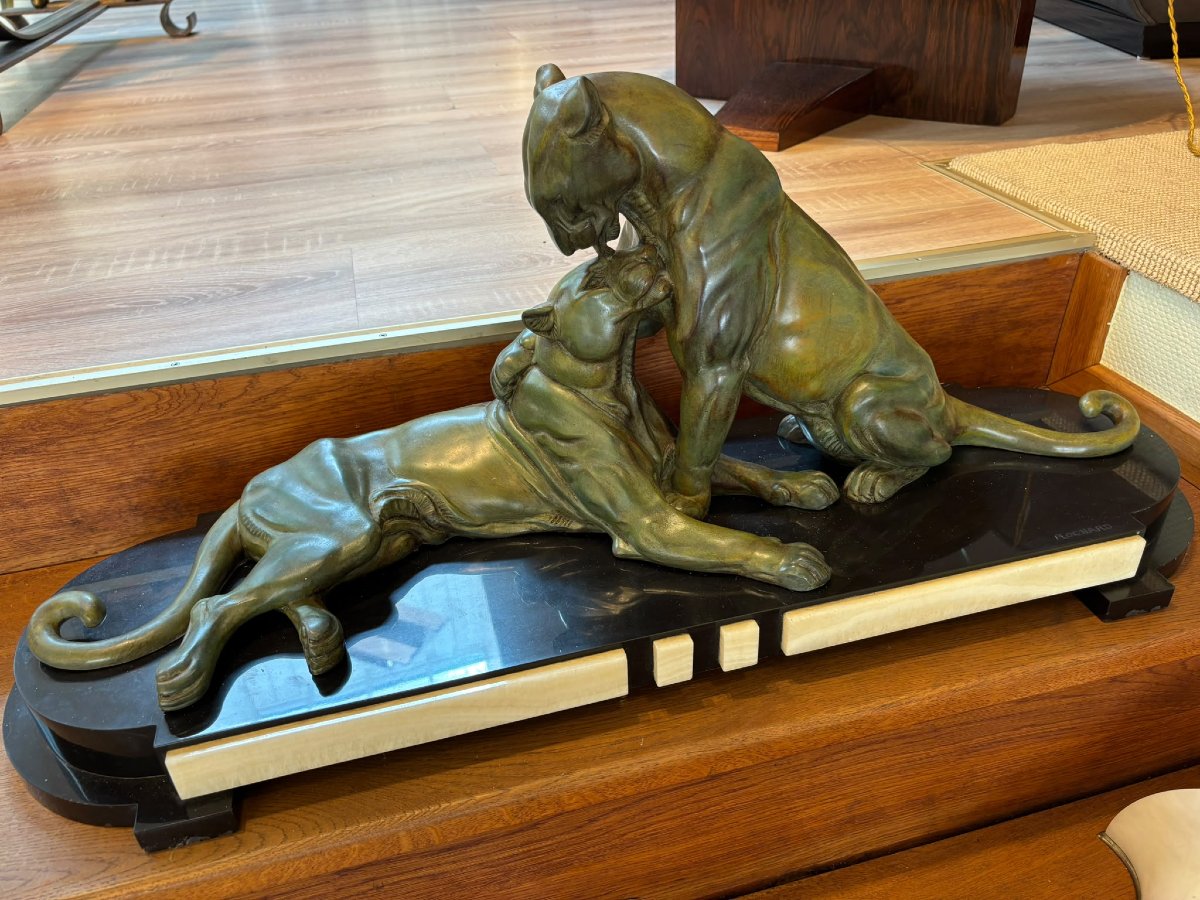 Pair Of Art Deco Panthers, Circa 1930, Signed Rochard