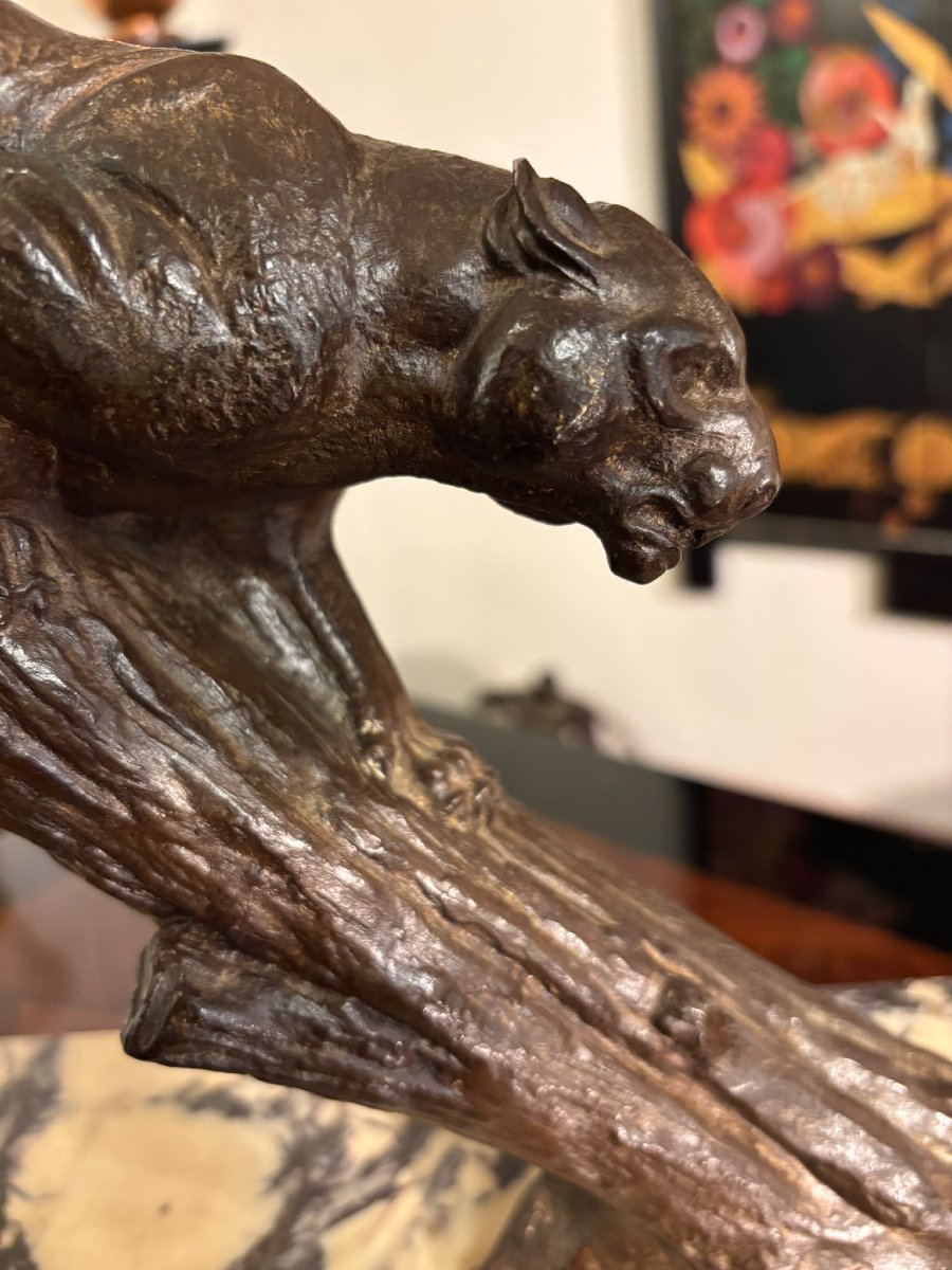 Bronze Panther On A Tree Trunk, Art Deco, Circa 1920 , Signed Rochard-photo-2