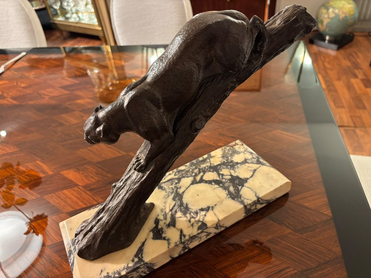 Bronze Panther On A Tree Trunk, Art Deco, Circa 1920 , Signed Rochard-photo-4