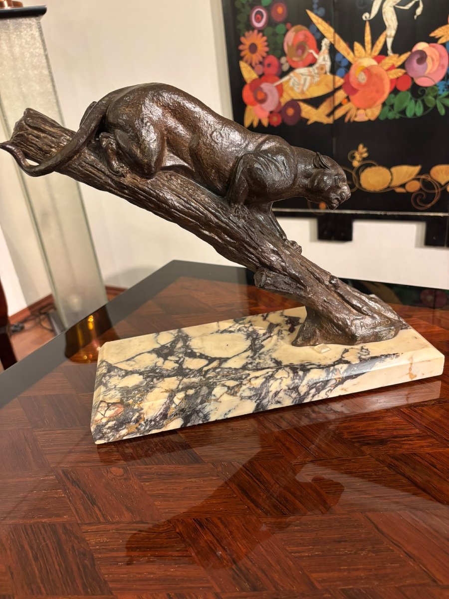 Bronze Panther On A Tree Trunk, Art Deco, Circa 1920 , Signed Rochard