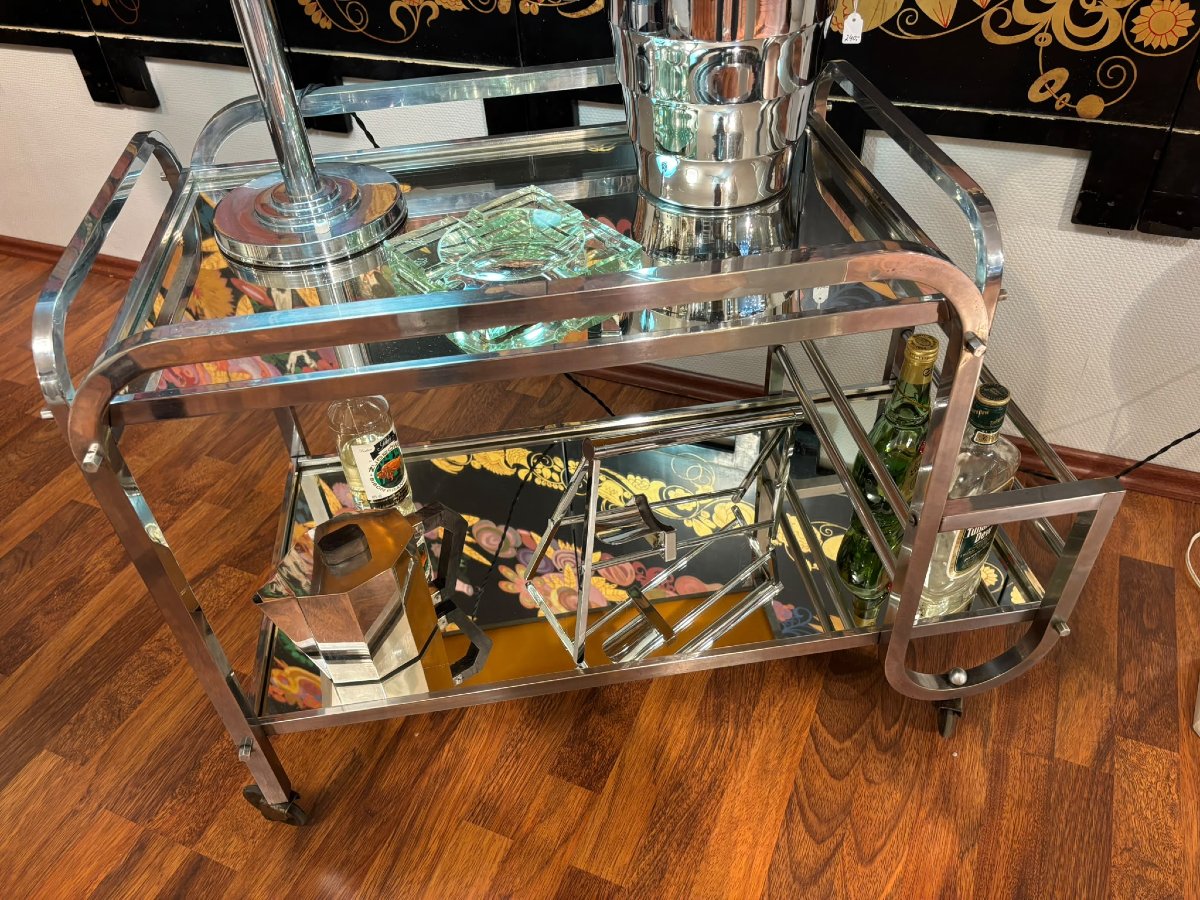 Bar roulant  desserte Art Déco vers 1930, métal chromé