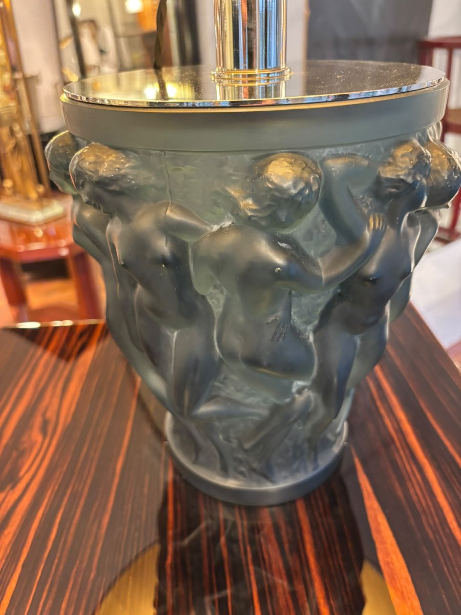 Lampe Lalique modèle Bacchantes Art Déco avec abat-jour en soie-photo-2