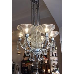 Small Chandelier By Jules Leleu In Chromed Brass And Glass Beads - Art Deco