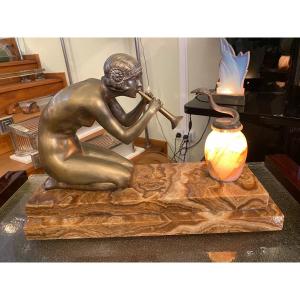 Sculpture lumineuse-Femme au Serpent- Mirval- Art Déco
