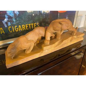 Couple Of Panthers In Terracotta, Art Deco Circa 1930