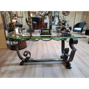 Wrought Iron Middle Table With Glass Slab, Signed, Art Deco