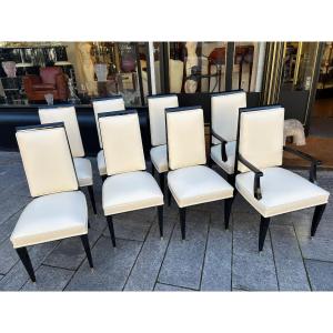 Lot de 8 chaises Art Déco vers 1930 laque piano et cuir de vachette