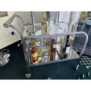 Bar roulant Art Déco métal chromé et verre