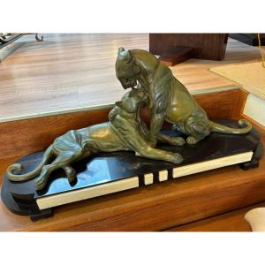 Pair Of Art Deco Panthers, Circa 1930, Signed Rochard