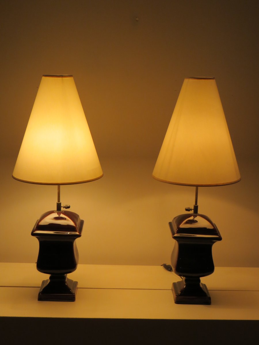 Pair Of Brown Ceramic Lamps-photo-3