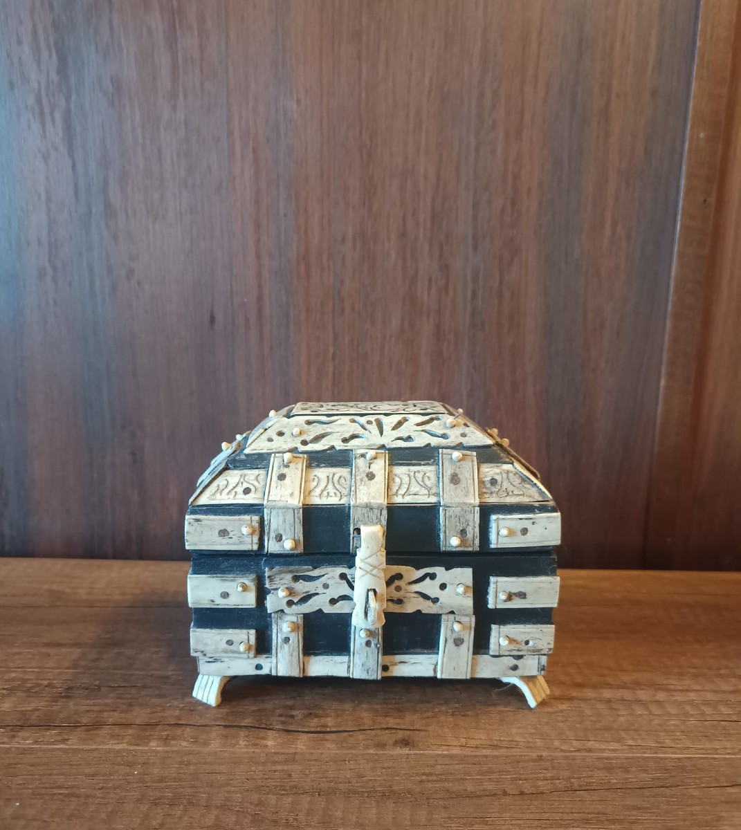 Portuguese Box In Carved Wood And Bone, 20th Century