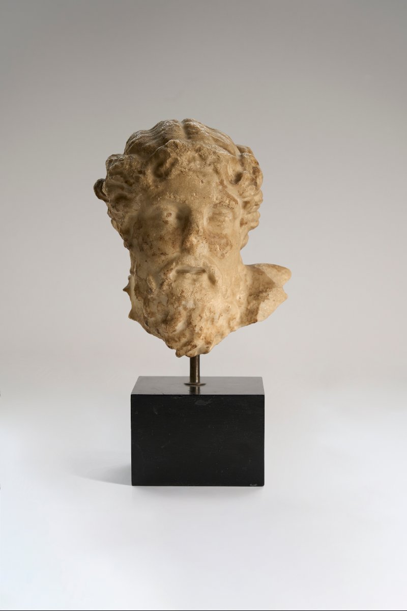 Roman Head Of A Bearded Dionysus , Marble, 2nd Century Ad.-photo-2